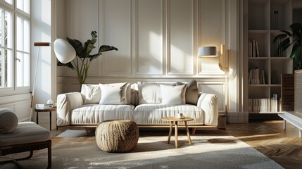 Poster - A cozy living room with a couch, chair, table, and lamp. Suitable for home decor concepts