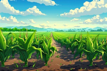 Poster - A picturesque cartoon corn field with majestic mountains in the background. Perfect for agricultural or nature-themed projects