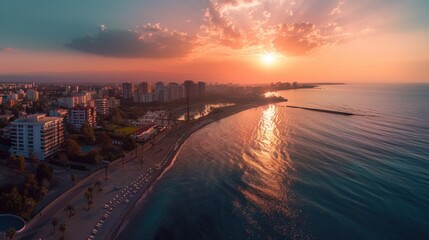 Aufkleber - Aerial view of a beach and a city at sunset. Perfect for travel and vacation concepts