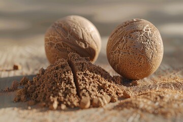 Poster - A couple of nuts sitting on top of a wooden table. Ideal for food and kitchen related designs