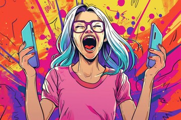 Poster - A woman with blue hair holding two cell phones. Perfect for technology concepts