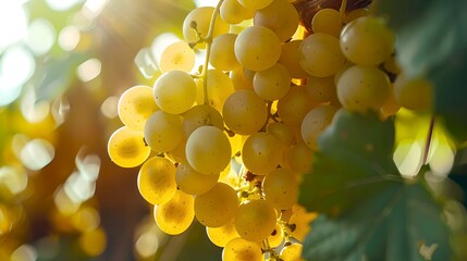 Canvas Print - Sunlit Vineyard: Ripe Grapes Await Harvest, Golden Hour Glow, Fresh Produce Theme with Focus on Nature's Bounty. Simple Elegance in Agricultural Setting. AI