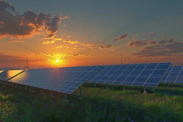 Aufkleber - A field of solar panels with the sun setting in the background. Perfect for renewable energy concepts