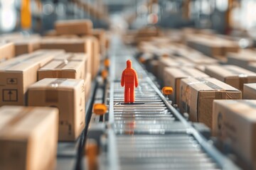 Poster - Person standing on conveyor belt in warehouse, suitable for logistics and transportation concepts