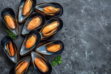 A bunch of mussels sitting on top of a table. Perfect for seafood restaurant menus