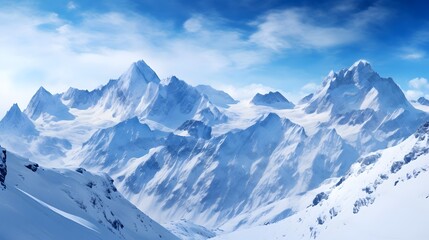 Wall Mural - Winter mountains panorama with snow-capped peaks and blue sky
