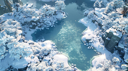 A frozen lake surrounded by snowcovered trees and rocks from an aerial view