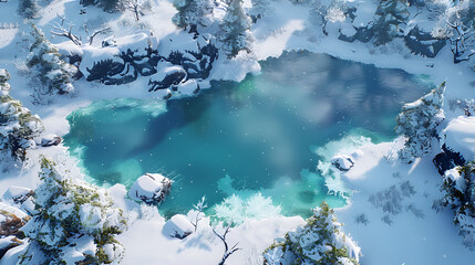 A frozen lake with snowcovered trees in a stunning natural winter landscape