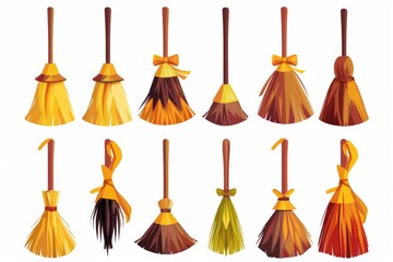 Poster - Various brooms in different colors and shapes, perfect for household or Halloween themed designs