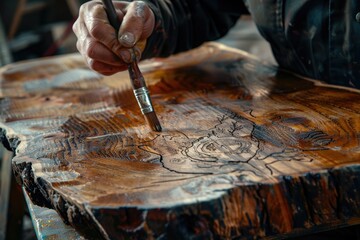 Poster - A person using a brush to paint a piece of wood. Suitable for DIY and renovation projects