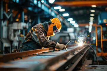 Poster - A man welding metal with a yellow helmet. Suitable for industrial concepts