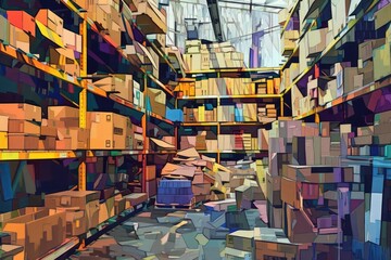 Poster - A painting of a warehouse filled with numerous boxes. Ideal for logistics and storage concepts