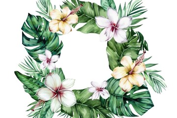 Poster - A beautiful wreath made of tropical leaves and flowers on a white background. Perfect for adding a touch of nature to your designs