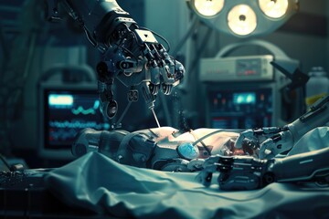 Aufkleber - A robotic hand performing surgery in an operating room. Suitable for medical and technology concepts