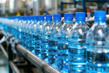 Aufkleber - Bottled water bottles moving on a conveyor belt. Suitable for industrial and manufacturing concepts