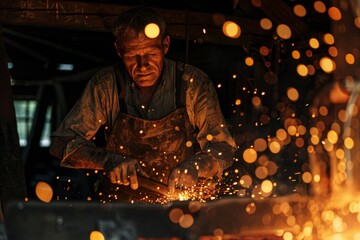 Poster - An intense blacksmith focused on his work with sparks flying from the hot metal he's hammering on an anvil in a dim workshop