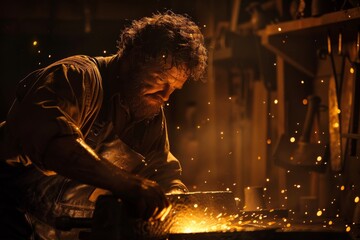 Aufkleber - A focused artisan is deeply engrossed in their craft, working with fiery sparks in a metal workshop