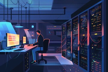 Poster - A man sitting at a desk in front of a computer. Suitable for business and technology concepts