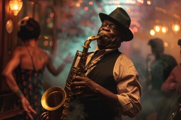 Poster - A skilled musician plays saxophone in a vibrant jazz club filled with bokeh light effects and a hint of smoke adding atmosphere