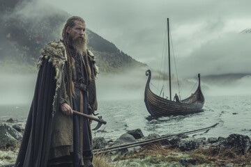 A Viking-clad warrior stands by a traditional longship amidst misty Scandinavian shore, conjuring a historical scene