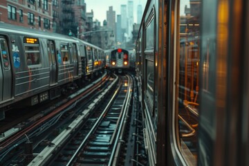 Poster - A train moving along tracks beside skyscrapers. Ideal for transportation and cityscape concepts