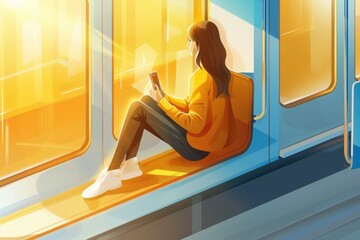 Poster - Woman sitting on train using smartphone, suitable for technology concepts