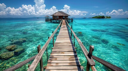 Wall Mural - A wooden bridge leads to the water bungalow, with crystal clear turquoise sea and sky blue ocean.