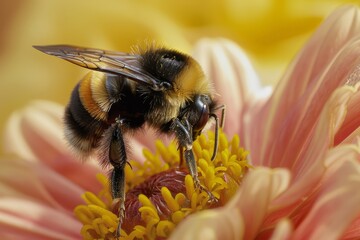 Poster - Macro photography of a bumblebee feeding on the rich pollen of vibrant dahlia flower, full of color and life