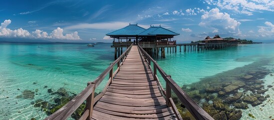 Wall Mural - Panoramic landscape of Maldives beach. Tropical panorama, luxury water villa resort with wooden pier or jetty.