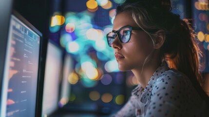 Poster - Woman With Glasses Looking at Computer Screen