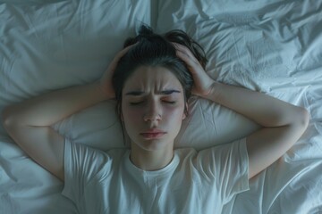 Poster - A woman laying in bed with her head on her hands. Ideal for illustrating relaxation and rest concepts