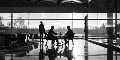 Poster - A group of people sitting at a table in a lobby. Suitable for business and teamwork concepts