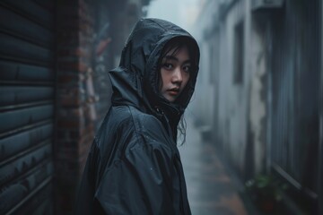 A young, enigmatic woman in a hooded raincoat strolls through a foggy, rain-soaked alley, evoking mystery and solitude