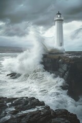 Poster - A lighthouse standing strong against crashing waves. Ideal for coastal themes