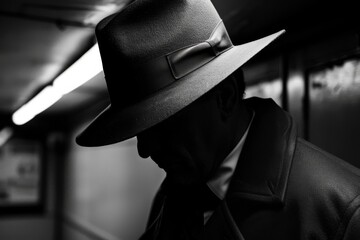 A distinguished man in a classic fedora hat, captured in a timeless black and white style, exudes a sense of the past and sophistication