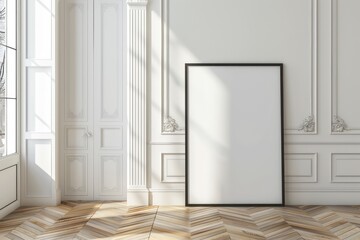 interior house with a large blank poster frame and a black border leaning against a white wall, light and classic design