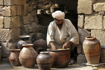 Aufkleber - Amidst a backdrop of classic urns and pots, a meticulous potter shapes a large vessel using age-old techniques and tools