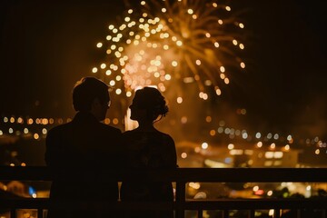 A romantic scene with a silhouette of a couple enjoying a fireworks display, against a dark night skyline