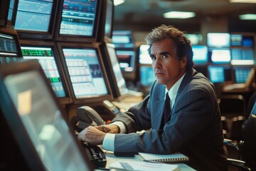 Fototapete - A diligent financial advisor analyses market trends at his desk with a serious expression and focus