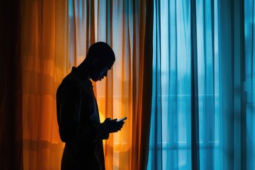 Poster - A man standing in front of a window looking at his cell phone. Ideal for technology and communication concepts