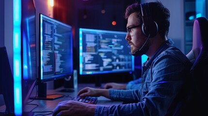 Professional Programmer Working Late at Night in Modern Office