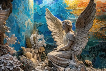 Poster - A statue of an angel sitting on a rock. Suitable for various design projects