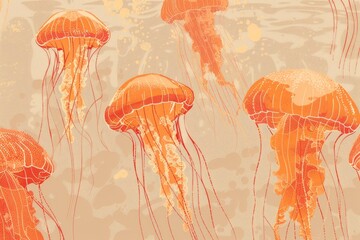 Poster - A group of jellyfish floating in the water, suitable for marine life concepts
