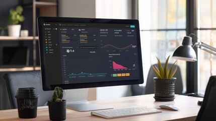 Poster - Modern Office Desk With Computer Displaying Analytics