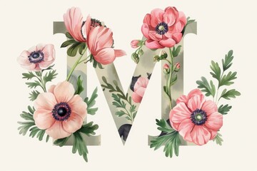 Poster - Watercolor flowers decorating the letter M, perfect for design projects