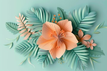 Poster - Paper cut flower surrounded by leaves on a blue background. Ideal for spring-themed designs