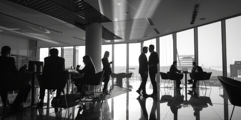 Aufkleber - A black and white photo of people in a lobby. Suitable for various business and office concepts