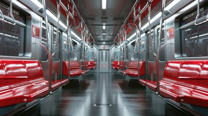 Poster - Interior of a subway car with red seats. Suitable for transportation concepts