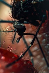 Aufkleber - Detailed close up of a fly resting on a red object. Suitable for nature or macro photography projects