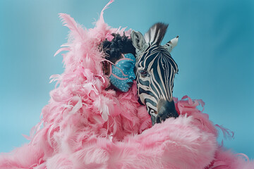 Canvas Print - Model with blue face in pink feathers and zebra, fashion photo